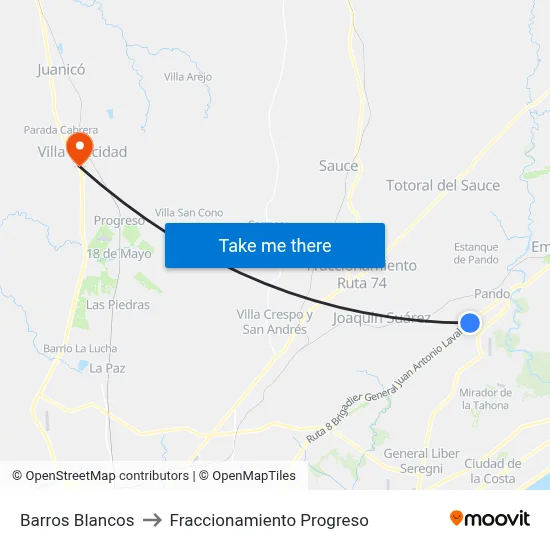 Barros Blancos to Fraccionamiento Progreso map