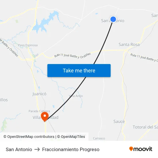 San Antonio to Fraccionamiento Progreso map