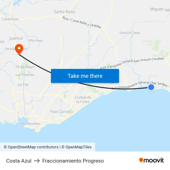 Costa Azul to Fraccionamiento Progreso map
