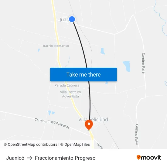 Juanicó to Fraccionamiento Progreso map