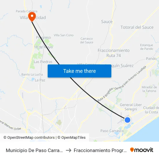 Municipio De Paso Carrasco to Fraccionamiento Progreso map