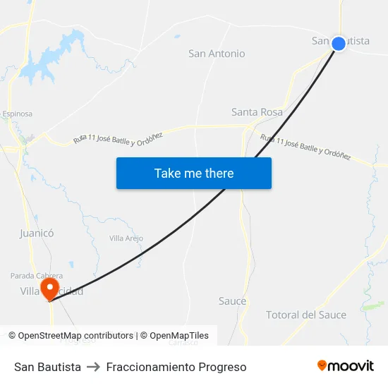 San Bautista to Fraccionamiento Progreso map