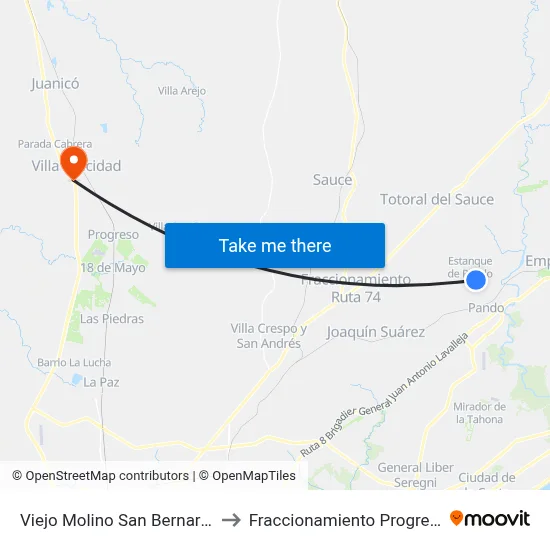 Viejo Molino San Bernardo to Fraccionamiento Progreso map