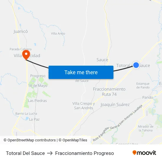 Totoral Del Sauce to Fraccionamiento Progreso map