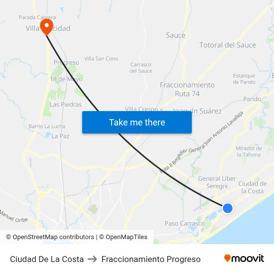 Ciudad De La Costa to Fraccionamiento Progreso map