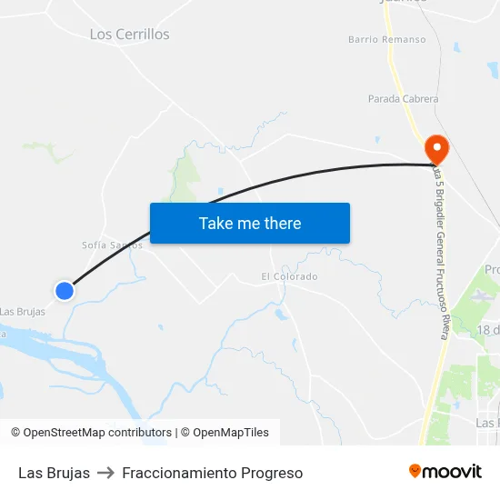 Las Brujas to Fraccionamiento Progreso map