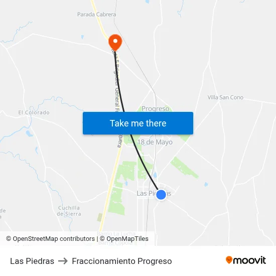 Las Piedras to Fraccionamiento Progreso map