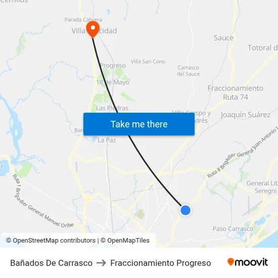 Bañados De Carrasco to Fraccionamiento Progreso map