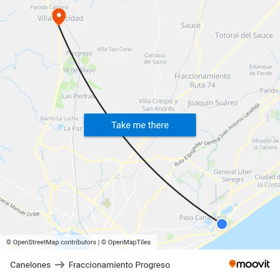 Canelones to Fraccionamiento Progreso map