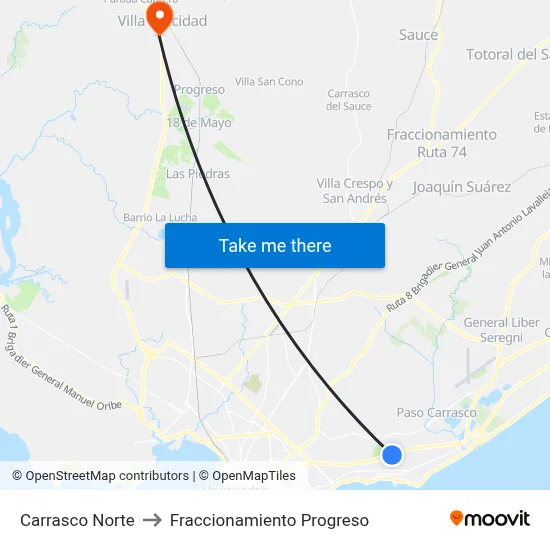 Carrasco Norte to Fraccionamiento Progreso map