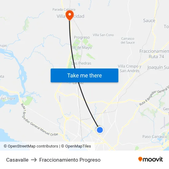Casavalle to Fraccionamiento Progreso map