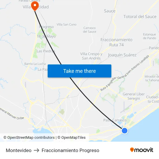 Montevideo to Fraccionamiento Progreso map