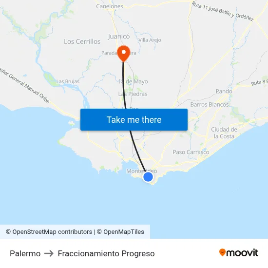 Palermo to Fraccionamiento Progreso map