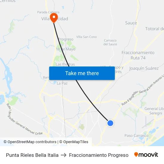 Punta Rieles Bella Italia to Fraccionamiento Progreso map