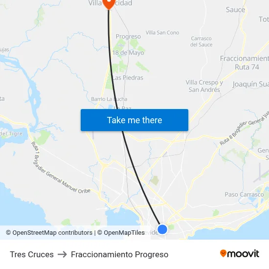 Tres Cruces to Fraccionamiento Progreso map