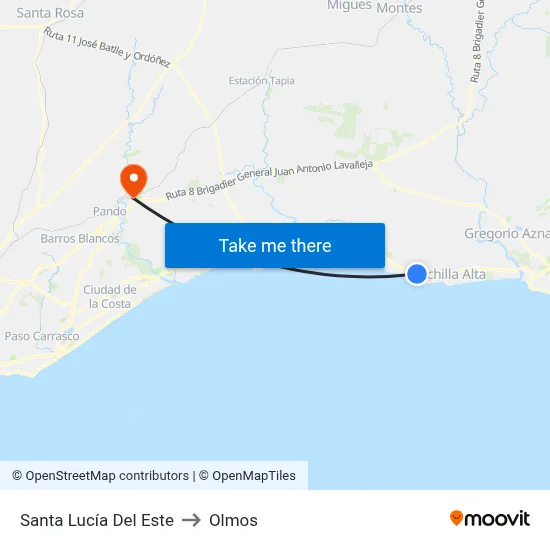 Santa Lucía Del Este to Olmos map