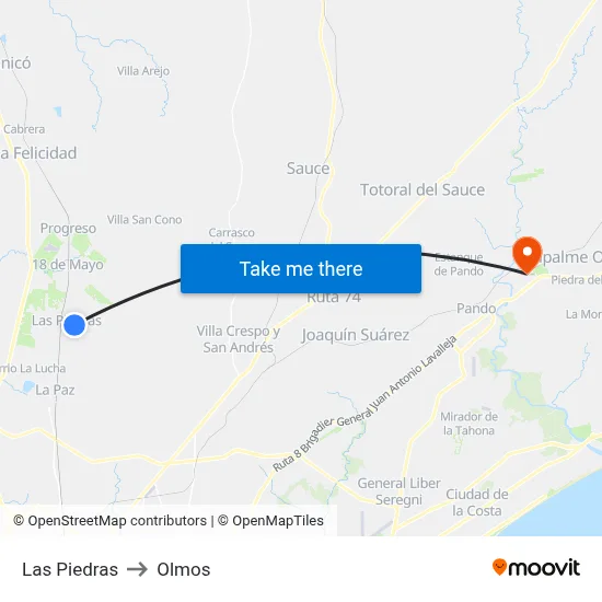 Las Piedras to Olmos map