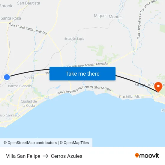 Villa San Felipe to Cerros Azules map