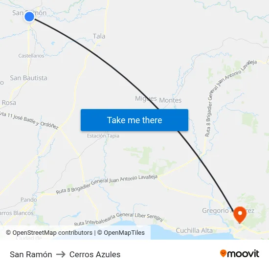 San Ramón to Cerros Azules map