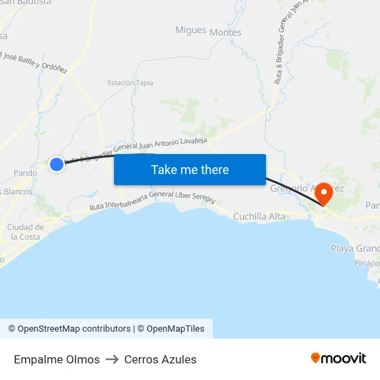 Empalme Olmos to Cerros Azules map