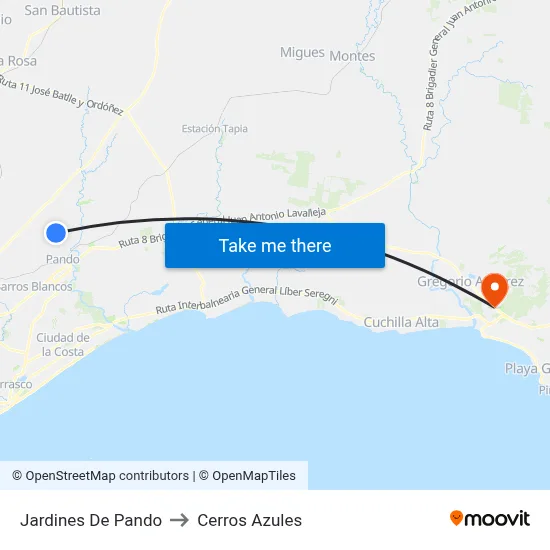 Jardines De Pando to Cerros Azules map