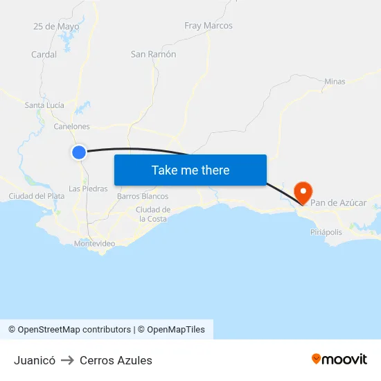 Juanicó to Cerros Azules map