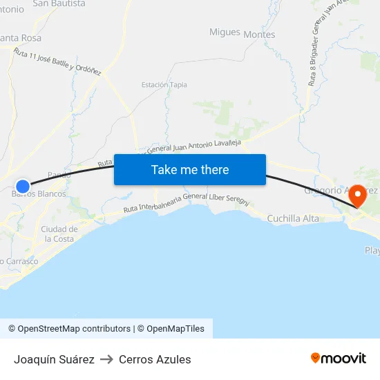 Joaquín Suárez to Cerros Azules map