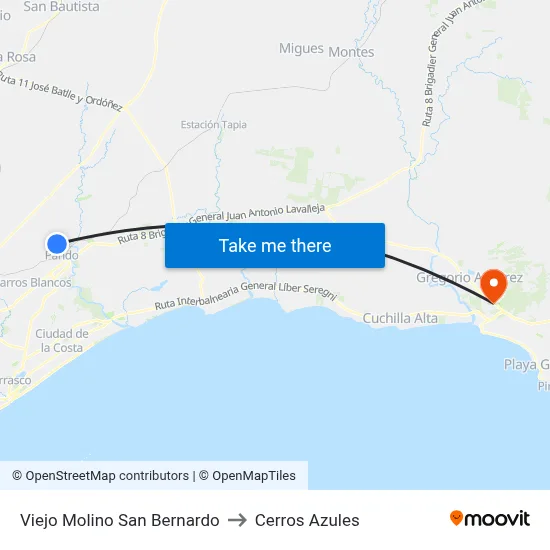 Viejo Molino San Bernardo to Cerros Azules map