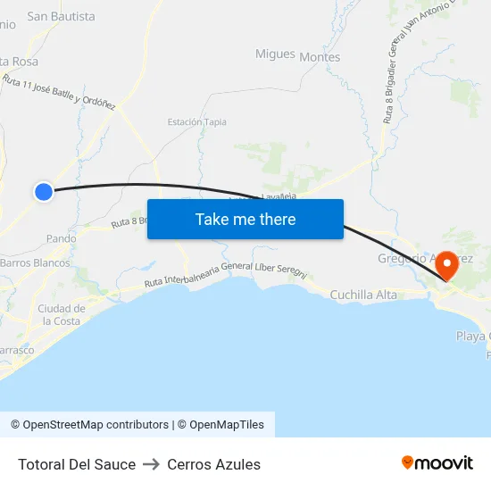 Totoral Del Sauce to Cerros Azules map