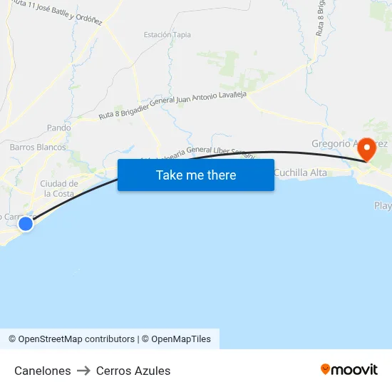 Canelones to Cerros Azules map