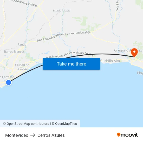 Montevideo to Cerros Azules map