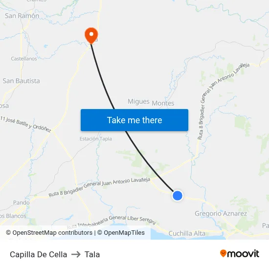 Capilla De Cella to Tala map