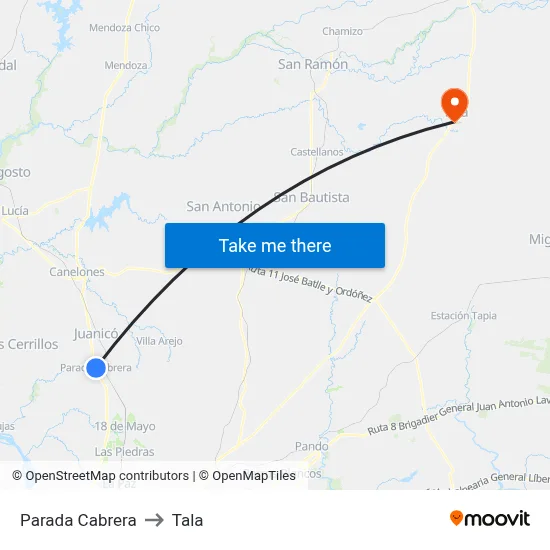 Parada Cabrera to Tala map
