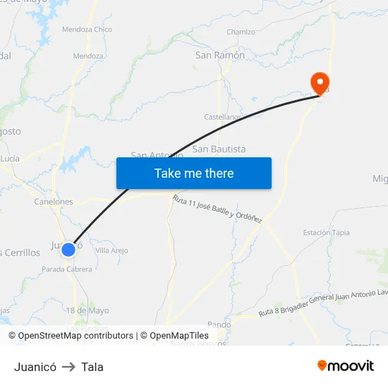 Juanicó to Tala map