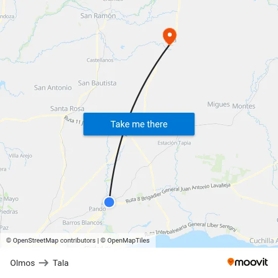Olmos to Tala map