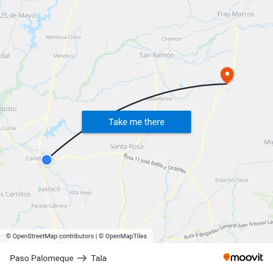 Paso Palomeque to Tala map