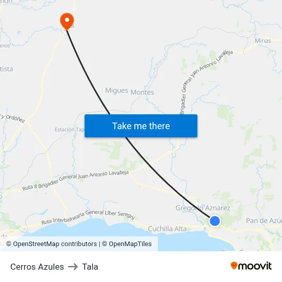 Cerros Azules to Tala map