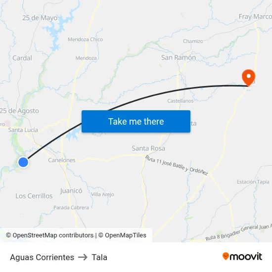 Aguas Corrientes to Tala map