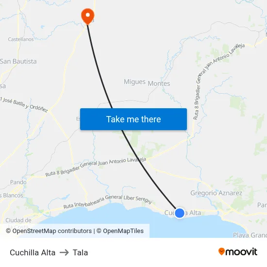 Cuchilla Alta to Tala map