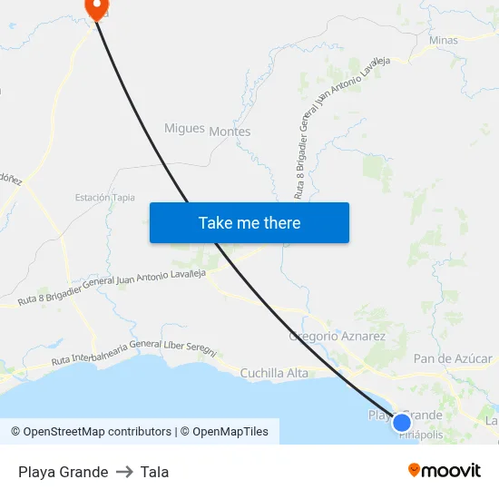 Playa Grande to Tala map