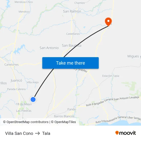 Villa San Cono to Tala map