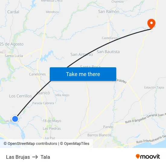 Las Brujas to Tala map