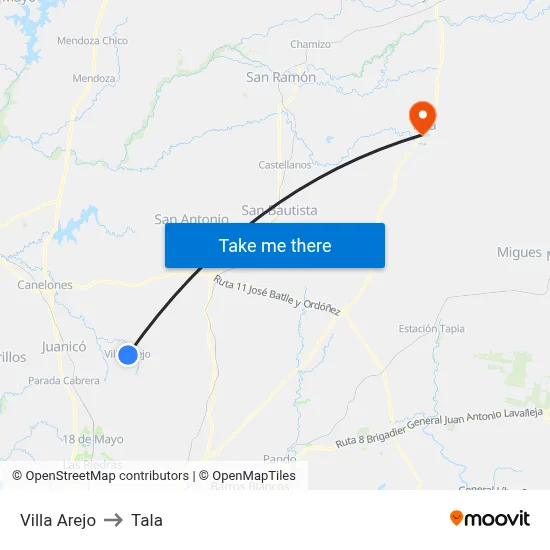 Villa Arejo to Tala map