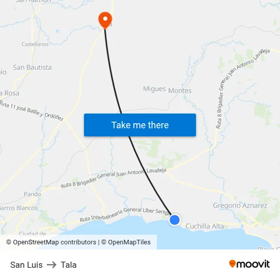 San Luis to Tala map