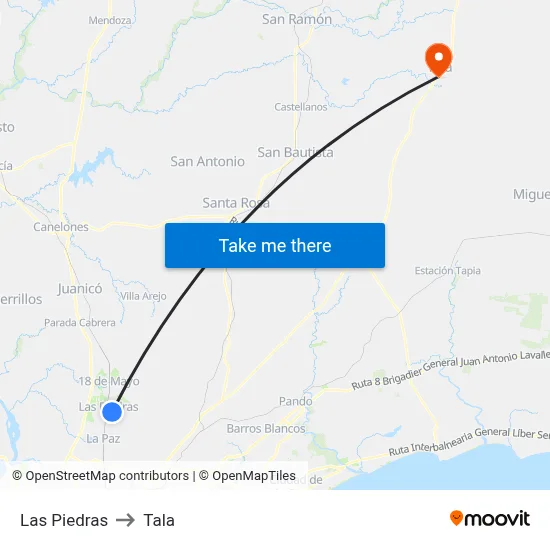 Las Piedras to Tala map