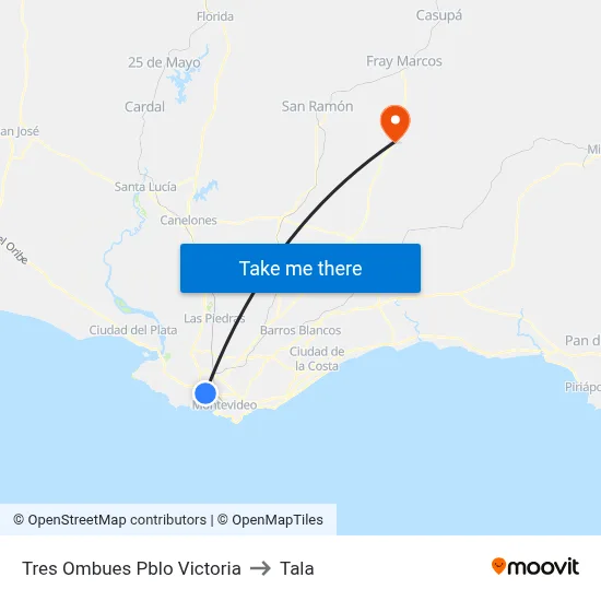 Tres Ombues Pblo Victoria to Tala map