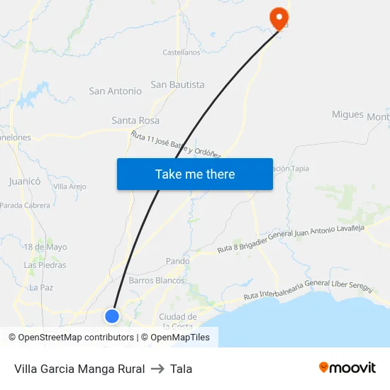Villa Garcia Manga Rural to Tala map