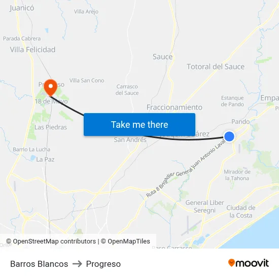 Barros Blancos to Progreso map