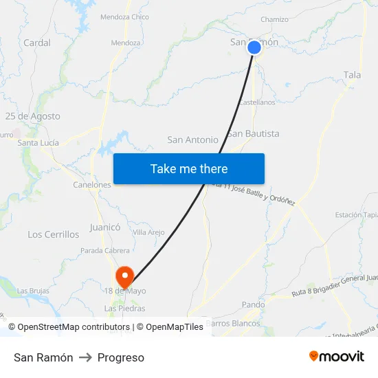 San Ramón to Progreso map