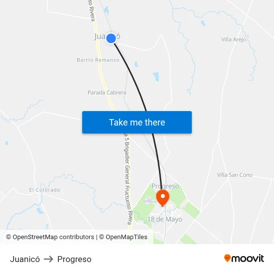 Juanicó to Progreso map